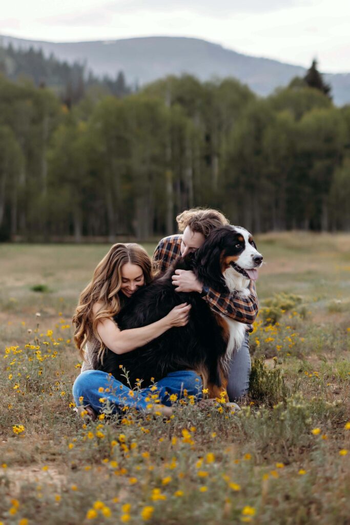 Couple snuggling there dog, sitting among the wild flowers and aspen trees on Cedar Mountain near Cedar City, Utah in the early fall.