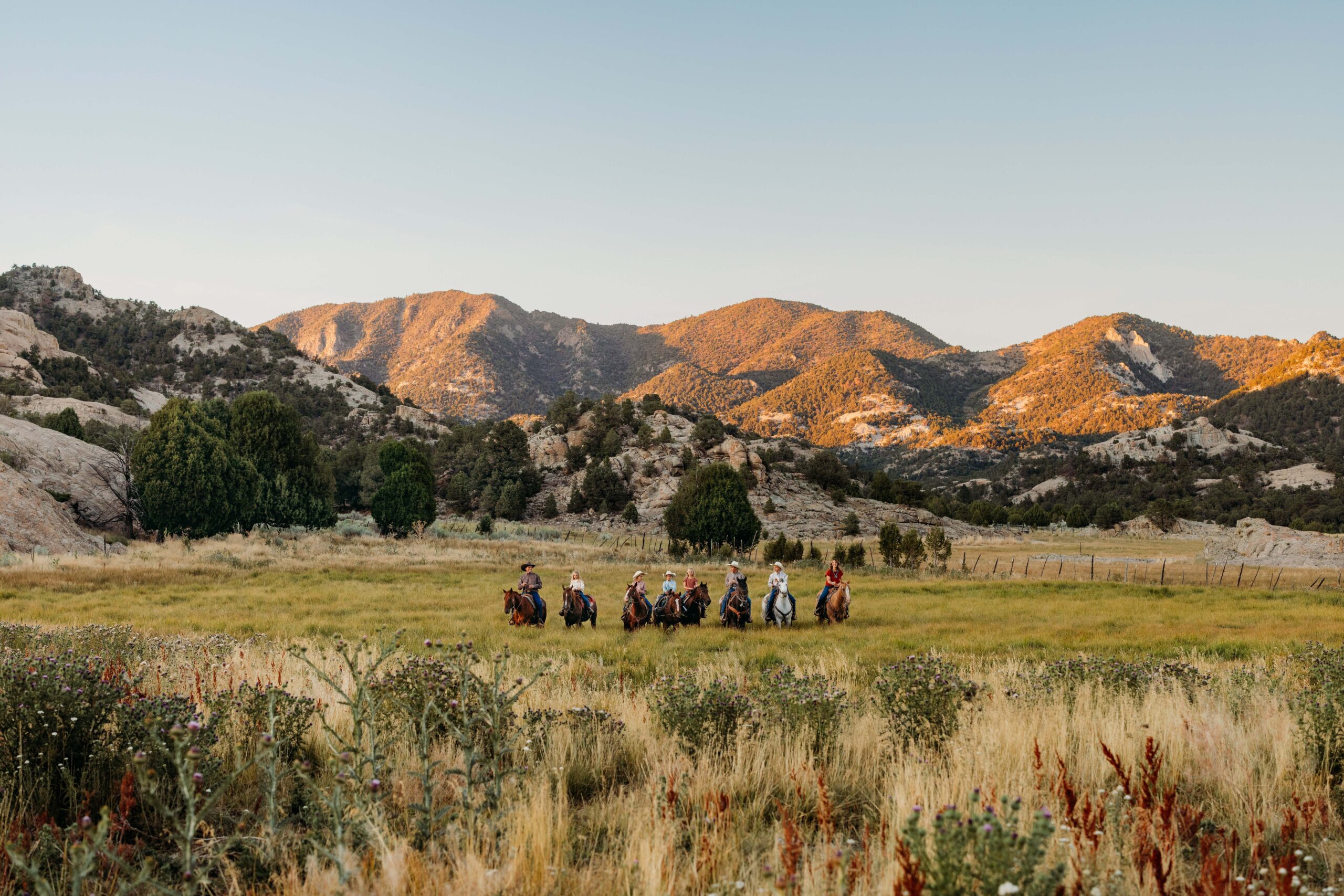 A family of eight rides their horses through a gorgeous meadow of yellow and green grass with a stunning mountain landscape behind them